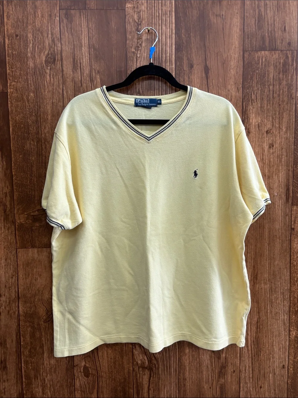 Polo by Ralph Lauren Pale Yellow V-Neck Polo Shirt with Navy Trim